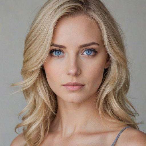 three quarter shot of a woman, blonde hair, perfecteyes, blue eye