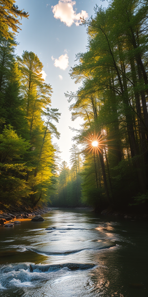 Create an image of a serene, sunlit forest scene with a clear, gently flowing river. Tall trees with lush green foliage line both sides of the river, their leaves bathed in the warm golden light of the setting or rising sun. The sunlight filters through the trees, casting soft, dappled light on the river, which flows over smooth rocks and pebbles, creating a peaceful, natural atmosphere. The sky is bright with a few scattered clouds, and the overall mood is tranquil, evoking a deep sense of connection with nature. The image captures the beauty of a calm, pristine forest landscape at either dawn or dusk.