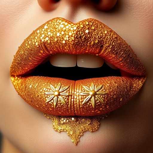 Glitter-encrusted gold lips with a 3D texture, showcasing intricate patterns and designs, perfect for a luxurious and opulent red carpet appearance