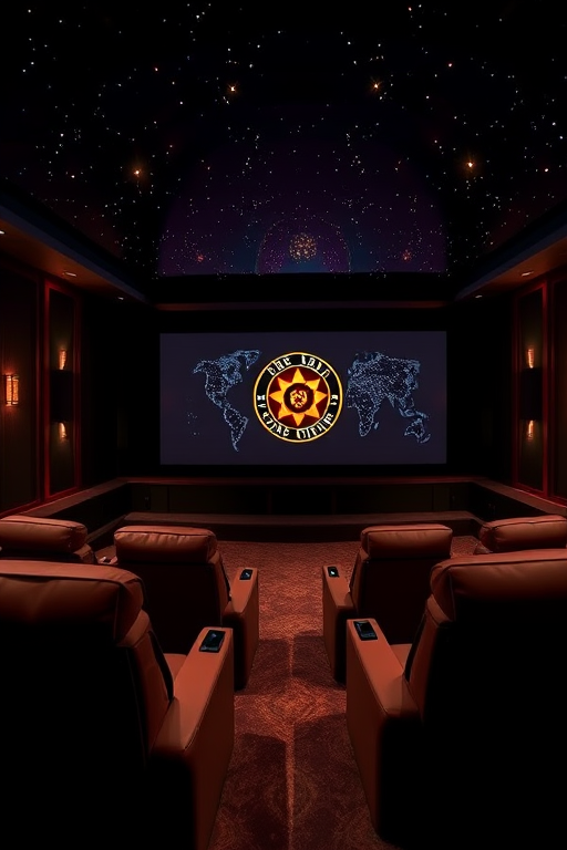 create a luxurious home theater interior featuring plush seating, a large projection screen displaying a cinematic logo, dim ambient lighting with starry ceiling, wide-angle view, ISO 800, f/2.8 aperture, 24mm lens, captured with a full-frame DSLR camera for enhanced depth and clarity.