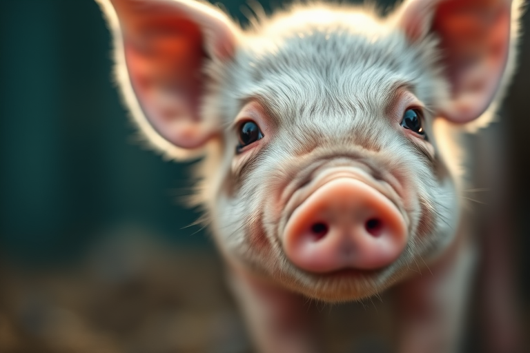Close-up of a cute piglet with soft lighting and a blurred background, shot with a Canon EOS R5, 85mm f/1.2 lens, ISO 100, aperture f/1.2, shutter speed 1/250s, natural light with a shallow depth of field.