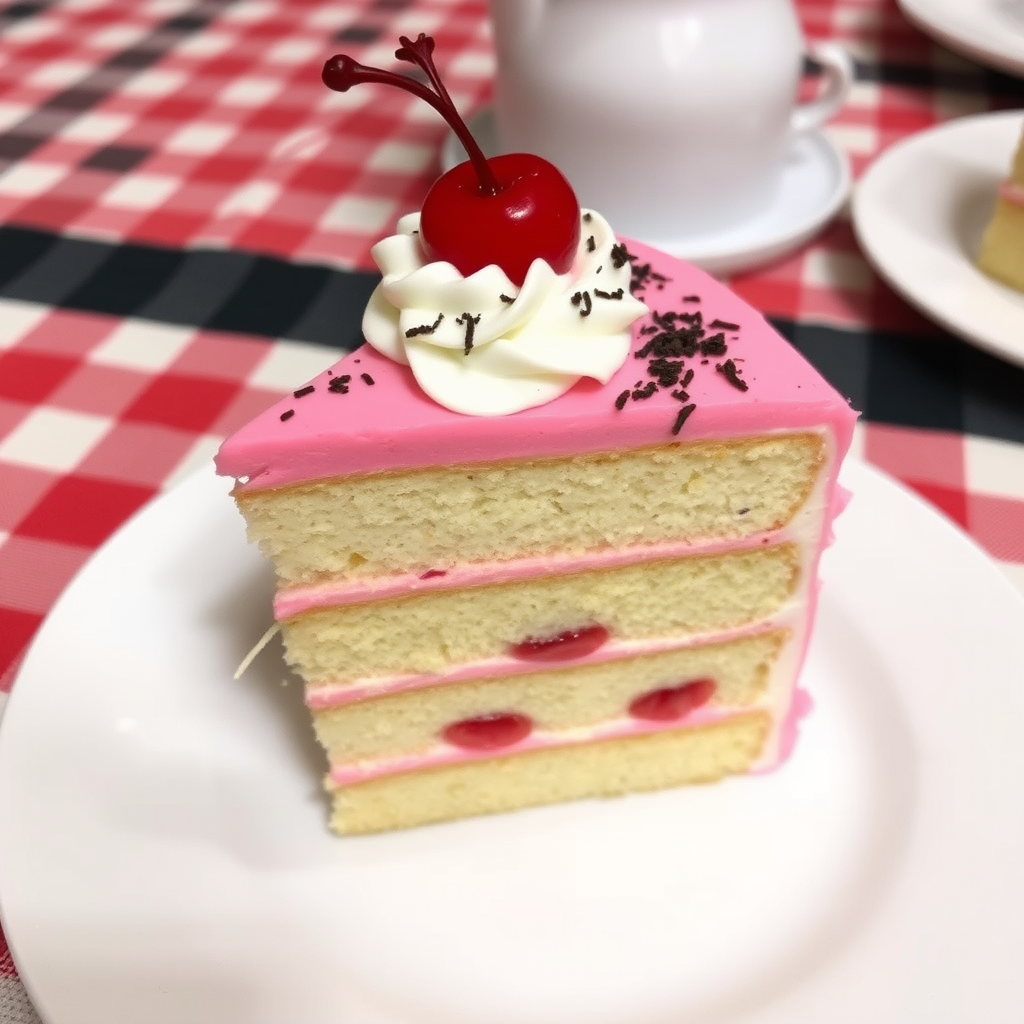 A slice of layered cake featuring pink frosting and cherries on top, with whipped cream and chocolate shavings, presented on a white plate, set against a checkered tablecloth background.