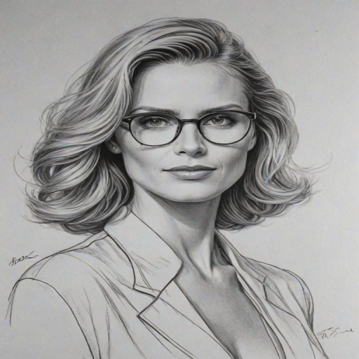 Bewitching Heidi Klum, pencil sketch, portrait of Superb woman 1938s in glasses, hair style beatnik, outline, clear lines, fine lines, 8k