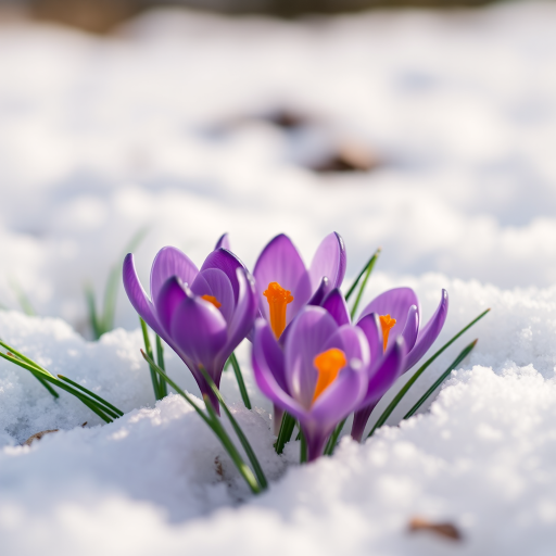 a close-up shot of purple crocuses emerging from snow, shallow depth of field, natural lighting, ISO 100, aperture f/2.8, shutter speed 1/250, macro lens, DSLR camera