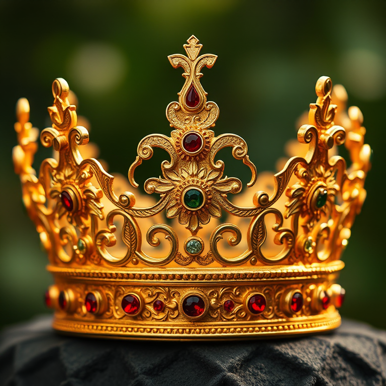 Create an intricate golden crown design with ornate patterns and jewels, shot in high resolution using a DSLR camera, 50mm lens, f/2.8 aperture, ISO 100, natural lighting, and soft focus background for enhanced image quality.