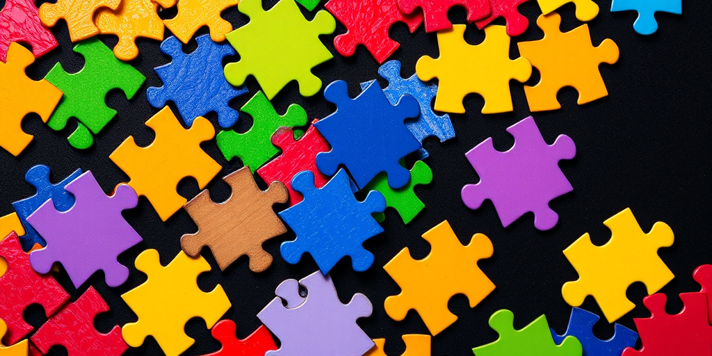 create a vibrant collage of colorful puzzle pieces in a diagonal arrangement with a black background, using a DSLR camera at f/8 aperture, ISO 200, 50mm lens, in macro view for enhanced detail and clarity