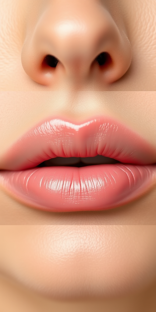 Nude pink lips with a natural, dewy appearance, enhancing the lips' natural color and texture, ideal for a fresh-faced, no-makeup makeup look