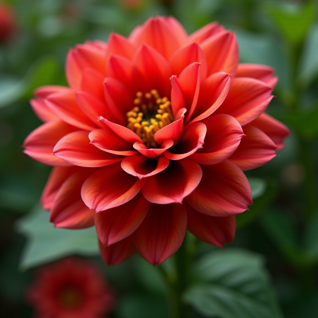 Create a vibrant digital painting of a red flower with green leaves, using a macro lens perspective, f/4 aperture, 1/125 shutter speed, with a soft focus style, using a DSLR camera to enhance image quality.