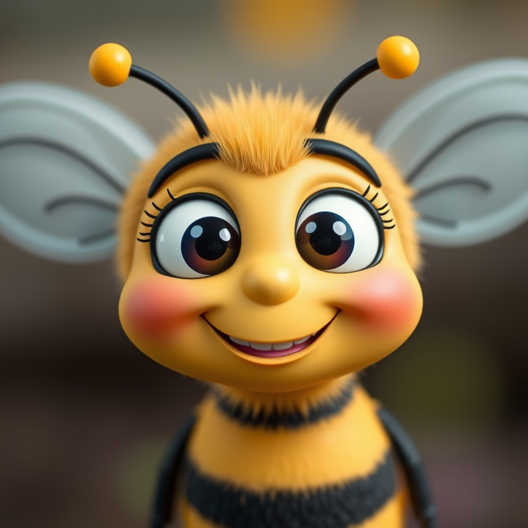 Create a cartoonish bee character with a smiling face, large eyes, and stylized yellow and black stripes, using a DSLR camera with a 50mm lens, aperture set to f/2.8, iso 100, natural light, and a shallow depth of field for a soft background blur.