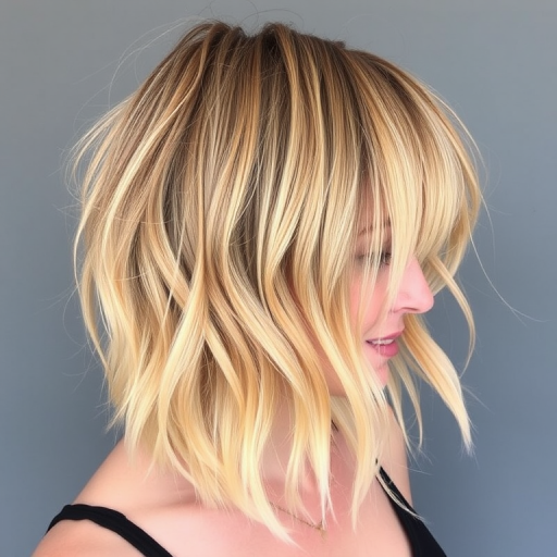 Warm honey blonde hair cut into a shaggy, layered lob with curtain bangs embodies the effortlessly cool "Sun-Kissed Surfer" style, featuring natural-looking balayage highlights in shades of pale gold and wheat that create movement and texture, evoking a carefree and beachy vibe