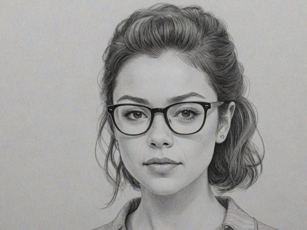 Enchanting Tatiana Maslany, pencil sketch, portrait of Delightful woman 1962s in glasses, hair style beatnik, outline, clear lines, fine lines, 8k