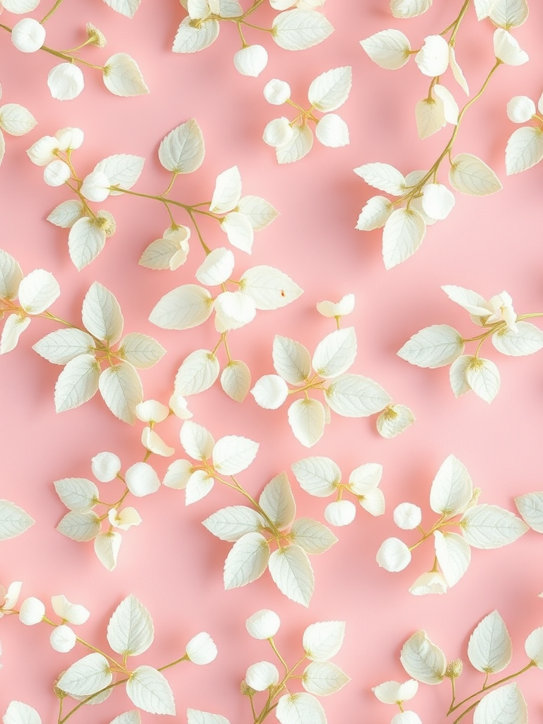 Create a seamless pattern featuring delicate white foliage on a soft pink background, shot with a Canon EOS R5 at f/4.0, ISO 100, 50mm lens, natural lighting, top-down view, digital illustration style.