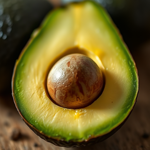 Avocado with a sliced view showcasing its creamy texture, captured with a Canon EOS 5D Mark IV, 50mm lens, f/2.8 aperture, ISO 100, natural light, shallow depth of field, focus on the seed.