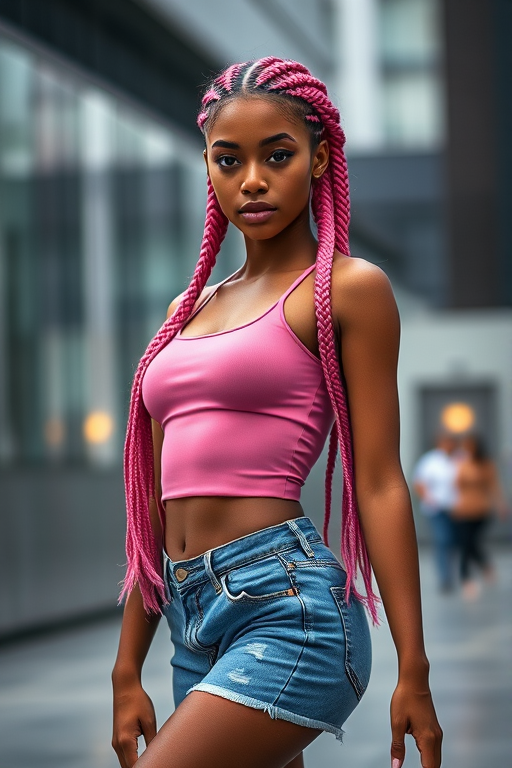 Create a portrait of a dancer with long pink braided hair, wearing a fitted pink top and denim shorts, standing gracefully in a modern urban setting, captured with a Canon EOS R, 50mm lens, f/1.8 aperture, ISO 100, natural lighting, shallow depth of field.