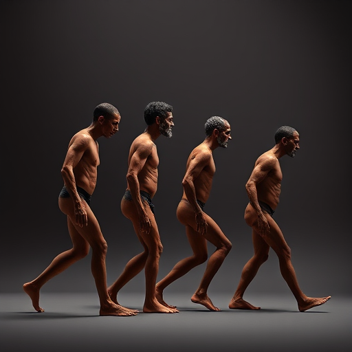 create a detailed illustration of human evolution with five stages of walking posture, using a high-resolution setting, shot from a side view in a studio-style lighting setup, captured with a Canon EOS 5D Mark IV at f/8, ISO 200, and 1/250s for sharpness and clarity