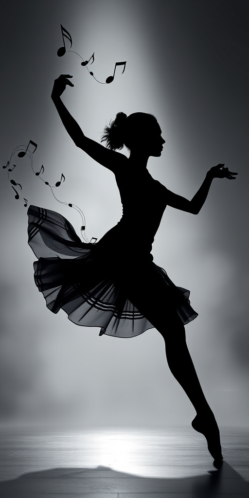 Create an abstract digital artwork featuring a silhouetted dancer in an elegant pose with flowing musical notes, using a high-resolution camera with a 50mm lens, f/1.8 aperture, ISO 100, captured in a 3-point lighting setup, with a soft focus background effect to emphasize motion and rhythm.