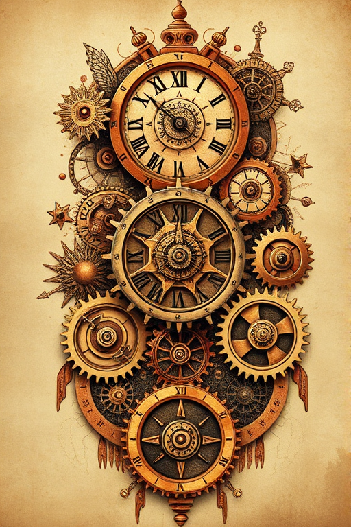 Steampunk-inspired tattoo artwork called "Clockwork Dreams" featuring intricate gears cogs and mechanical elements combined with Victorian-era motifs rendered in rich sepia and copper tones