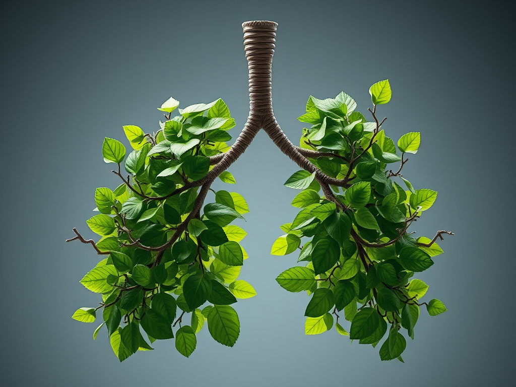 Create a highly detailed 3D rendering of a pair of lungs made of lush green leaves and branches, using a Canon EOS R5 with a 50mm lens, aperture f/1.8, ISO 100, soft focused background and dramatic lighting to enhance the textures and depth.