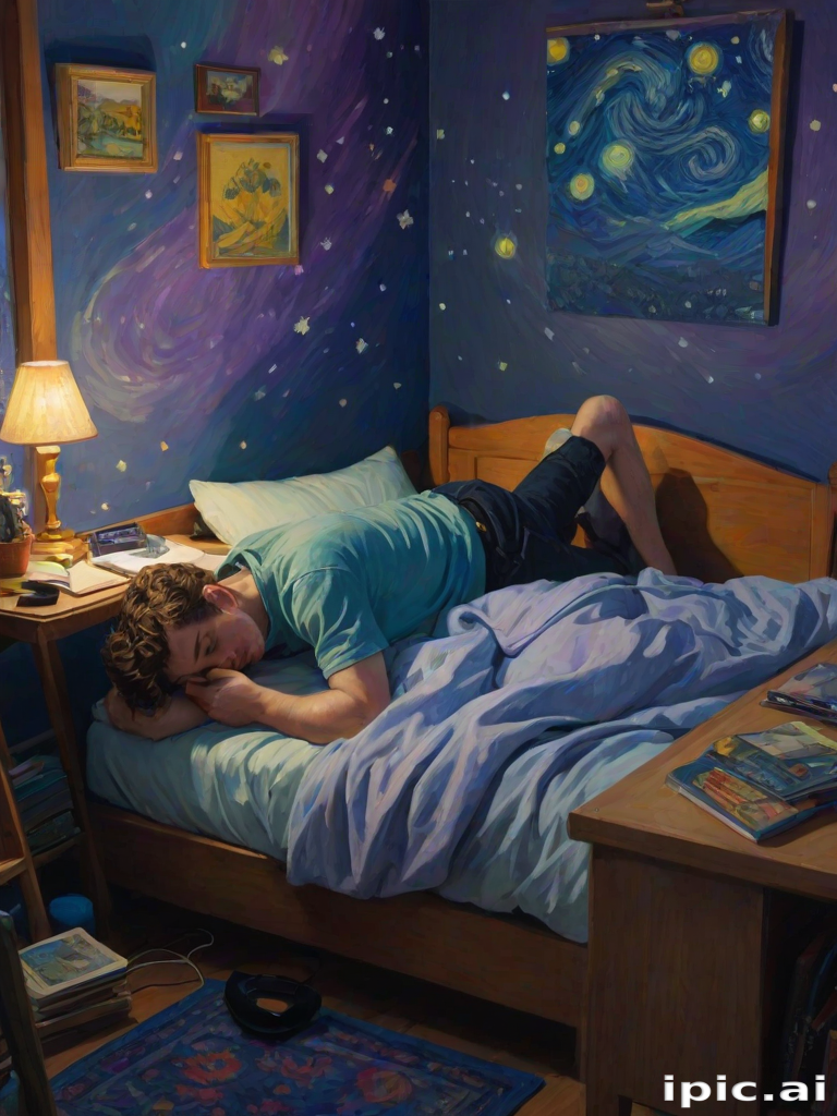 A top-down Van Gogh-style painting of a young man lying on his bed, listening to music with headphones. The room is softly lit with deep blues and purples, creating a peaceful nighttime atmosphere. The bed has a soft pillow, and the man's arms are resting behind his head. Around the bed, various glowing gadgets such as a smartphone, a laptop, and a small lamp are visible, casting a gentle light. The rest of the bedroom includes a desk with books, a chair, and a small rug on the floor. A window near the bed reveals a starry night sky with swirling stars, reminiscent of Van Gogh's 'Starry Night.' On the desk, there is a sketchbook with colorful drawings, a cup of coffee steaming gently, and a small potted plant. The walls have posters of famous paintings and a corkboard with pinned notes and photos. The scene is full of dynamic, swirling brushstrokes, capturing the essence of Van Gogh's unique style. The overall mood is serene and contemplative, with a touch of artistic inspiration.