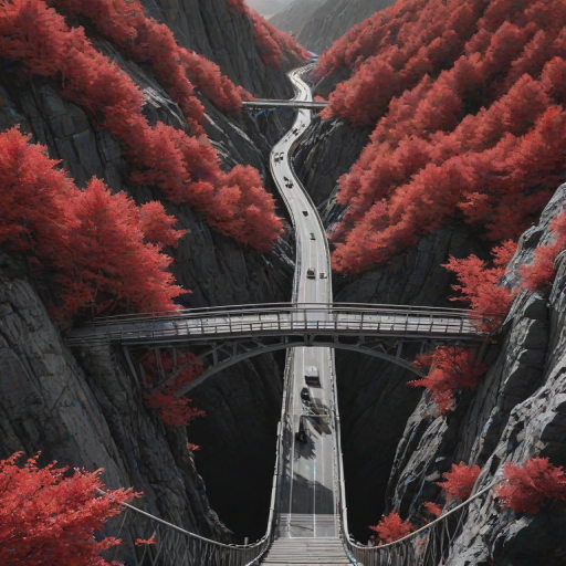 day, natural lighting, bridge focus, CandiBRIDGE, no humans, mountain, bridge, red trees, from above, negative space, scenery, intricately detailed illustration, depth of field, atmospheric perspective, red theme, monochrome