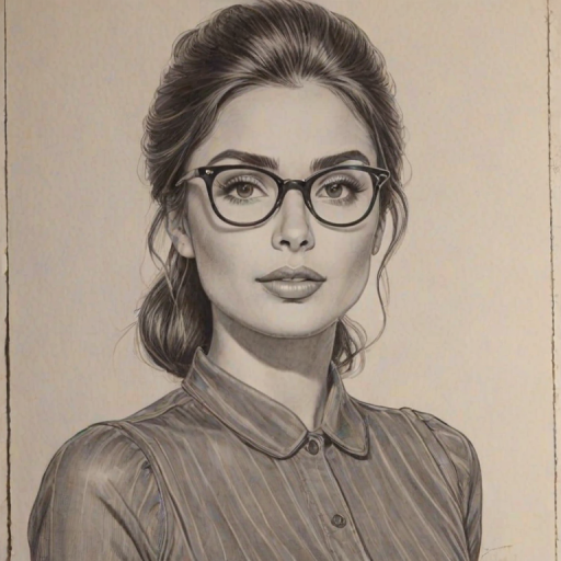 Resplendent Mikaela Hoover, pencil sketch, portrait of Enchanting woman 1956s in glasses, hair style beatnik, outline, clear lines, fine lines, 8k