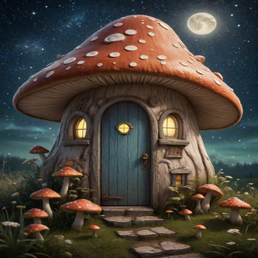 this photo is illustration of a mushroom house with a door and a window, a storybook , fantasy art, mushroom house, bg starry sky, sparkles