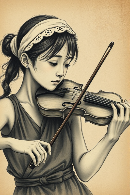 a young Ryukyuan woman with a white headband playing a violin, in the style of a charcoal drawing, sepia grunge background