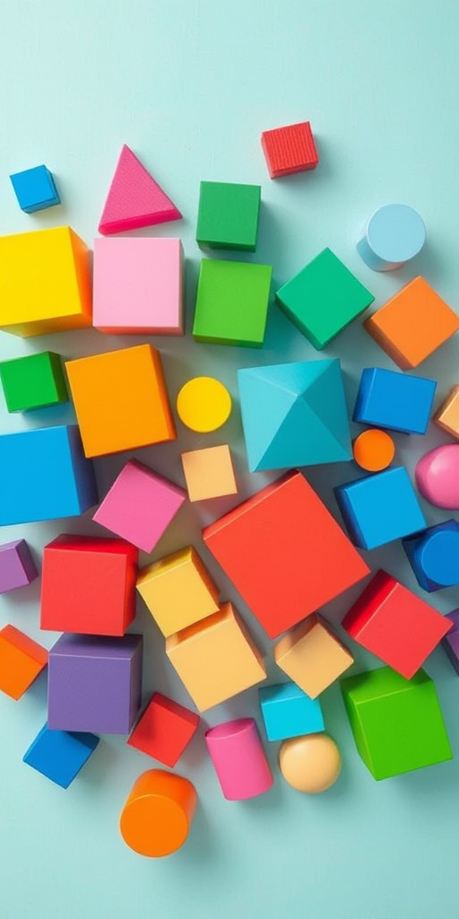 Create a vibrant, colorful arrangement of geometric shapes including cubes, pyramids, and cylinders in a playful layout, photographed with a DSLR camera at f/8 aperture, 1/250 sec shutter speed, ISO 100, using a 50mm lens from a top-down view with soft natural lighting for enhanced detail and clarity.