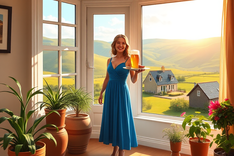 In "A Glass of Beer on the Highland," a serene scene is depicted in a sunlit room where a woman in a vibrant blue dress stands by a large window. She holds a tray with a hearty meal and a frothy glass of beer, embodying a moment of relaxation. Outside, the breathtaking highland landscape features rolling green hills and a charming traditional house, all bathed in warm afternoon light. The interior is adorned with potted plants, creating a harmonious blend of comfort and nature. The painting beautifully captures the tranquility and joy found in simple pleasures amidst stunning scenery