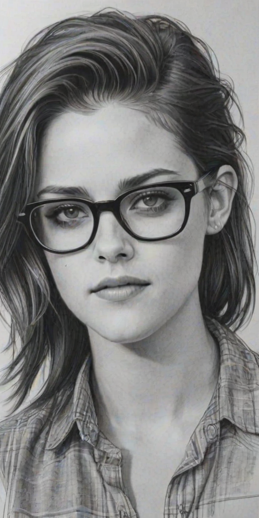 Beautiful Kristen Stewart, pencil sketch, portrait of beautiful woman 60s in glasses, hair style beatnik, outline, clear lines, fine lines, 8k