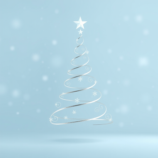 Create a minimalist Christmas tree design featuring silver spirals and stars against a soft blue background with falling snowflakes. The tree should have a modern and elegant look, with a star on top and a smooth, reflective surface. The overall atmosphere should be serene and festive.