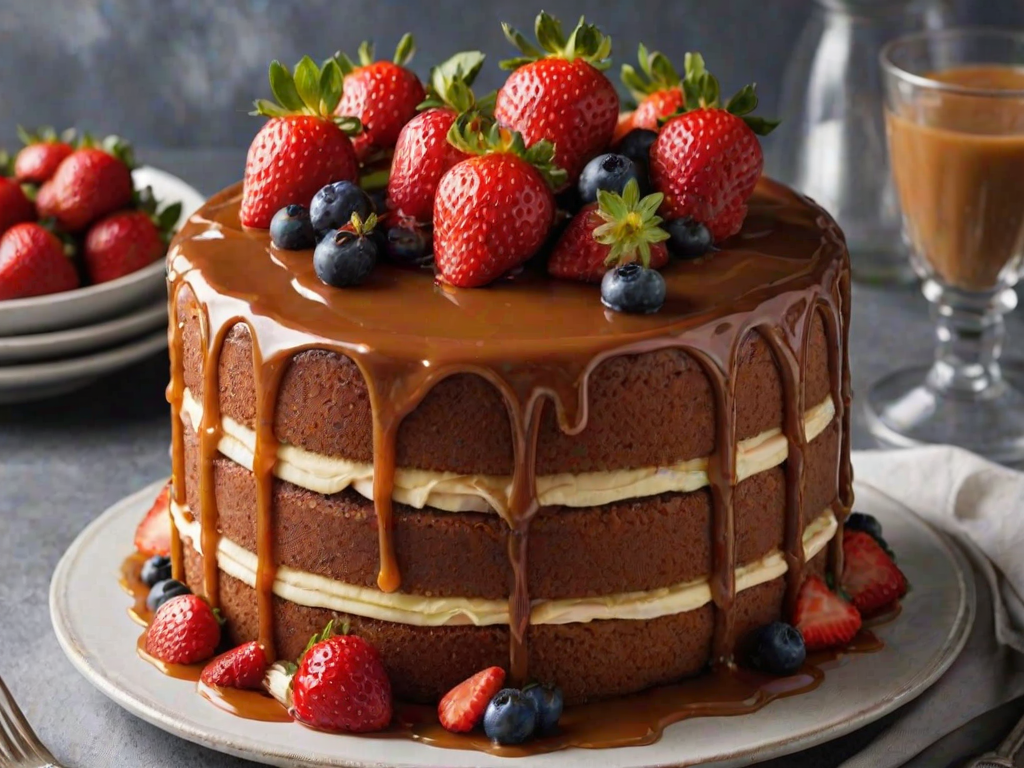 Create an image of a three-layer cake with a rich caramel drizzle. The cake should be adorned with fresh fruits like strawberries and bananas, as well as edible flowers for decoration. The background should be dark to highlight the cake's vibrant colors and textures.