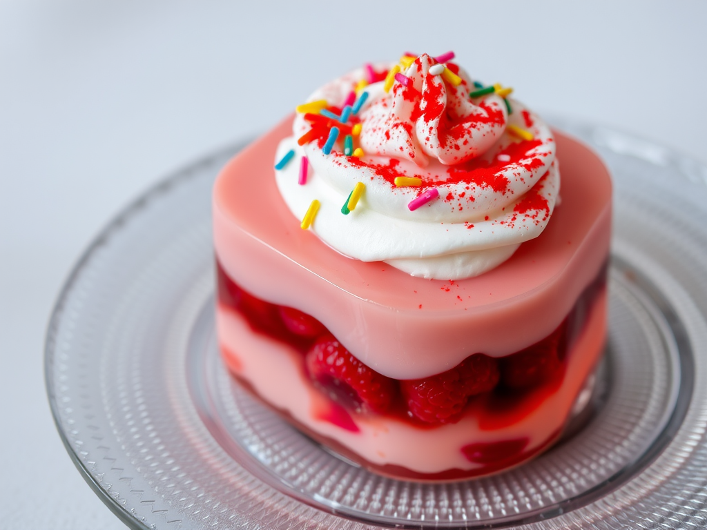Create an image of a layered dessert featuring a glossy jelly base with raspberry pieces visible inside a clear layer, topped with smooth whipped cream, colorful sprinkles, and a dusting of red powder, all arranged on a decorative glass plate with a subtle textured design.
