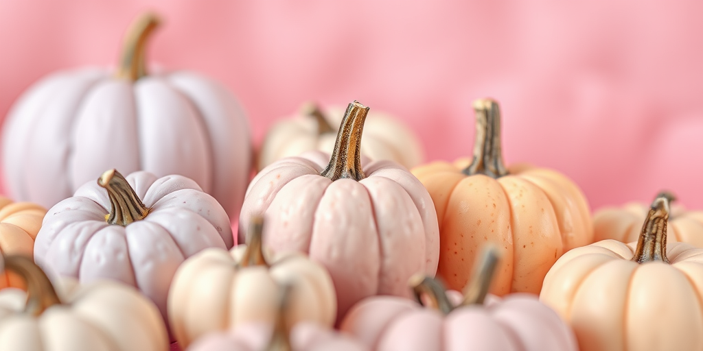 Create a soft pastel illustration of various pumpkins in shades of lavender, peach, and cream with a blurred pink background, shot with a Canon EOS R5 at f/2.8, ISO 100, and a 50mm lens for a shallow depth of field.