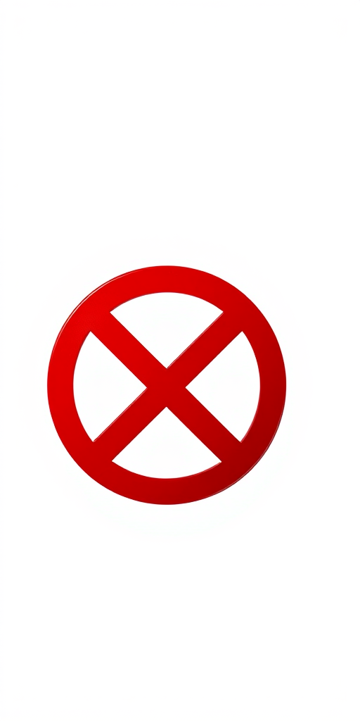 Create a high-resolution vector image of a bold red prohibition symbol on a transparent background, captured with a Canon EOS R5, 50mm lens at f/2.8, ISO 100, in a studio lighting setup with softbox for even illumination.