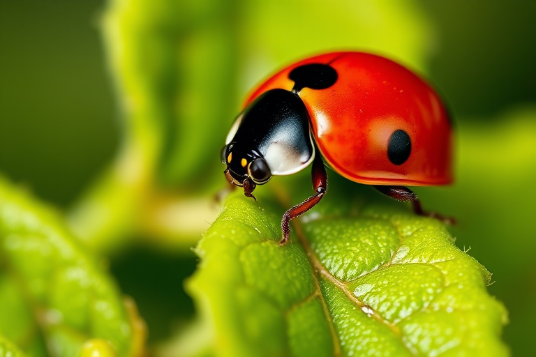 close-up of a ladybug on green leaves, macro lens, f/2.8 aperture, 100mm focal length, ISO 200, natural daylight, shallow depth of field, DSLR camera
