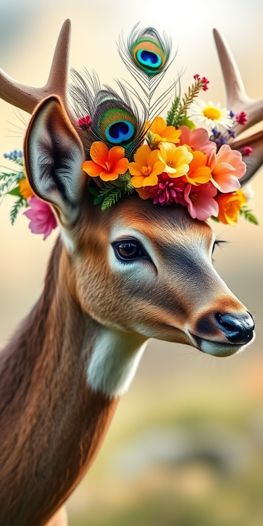 Create a detailed illustration of a deer with a vibrant floral crown including peacock feathers and various colorful flowers, using a soft focus background to enhance the subject, captured with a 50mm lens at f/2.8, natural light, DSLR camera for high-resolution quality.