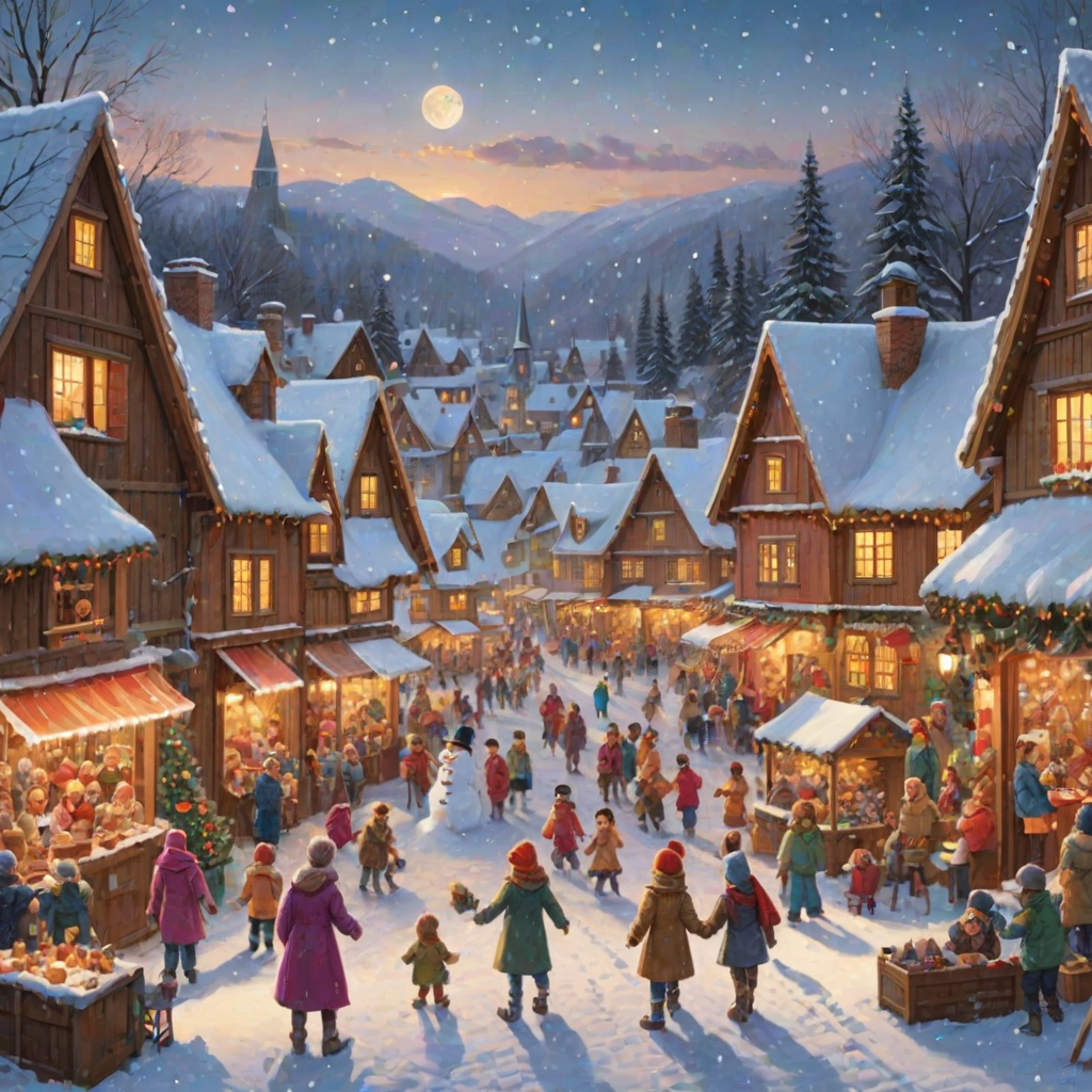 Quaint village during winter, with snow-covered rooftops, children building snowmen, and a festive market filled with twinkling lights and holiday cheer.