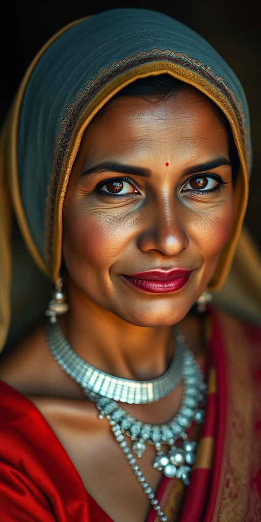 portrait of a woman in traditional silver jewelry and a headscarf, soft diffused lighting, shallow depth of field, 85mm lens, f/1.8, ISO 100, natural light, captured with a DSLR camera