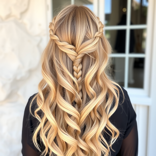 Bohemian hair style showcasing long golden blonde beach waves adorned with delicate braids and subtle sun-kissed highlights throughout