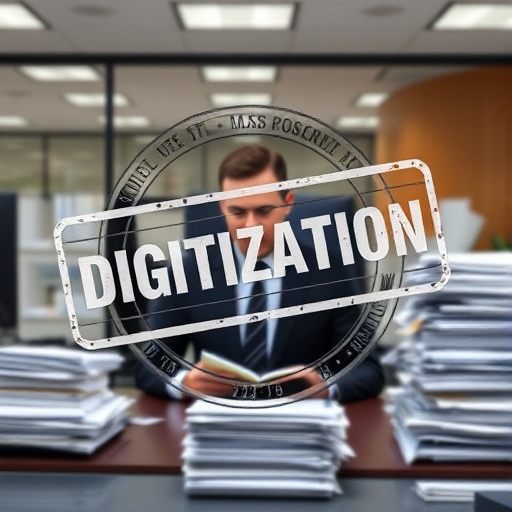 A professional-looking office setting with a person surrounded by stacks of paperwork, a large "DIGITIZATION" stamp overlay, shot with a Canon EOS R5 at f/2.8, ISO 100, 50mm lens, shallow depth of field for a blurred background, natural lighting.