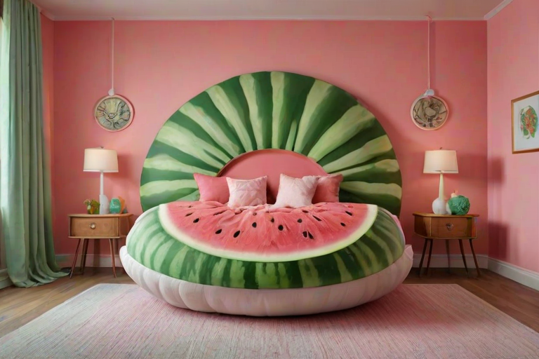 This image is a photograph of a whimsical, surreal bedroom designed to resemble a watermelon. The room is painted in various shades of green and pink, with walls and furniture matching the color theme. The bed, which is the central focus, is shaped like a giant watermelon with a large, round, button-like indentation at the foot. The pillows are a deep pink, and a plush pink blanket is draped over the bed. The bed is positioned against a wall with a light gray, textured finish. Above the bed, a wooden shelf holds various decorative items including a framed picture, a small vase, and a ceramic figure: all watermelon themed.