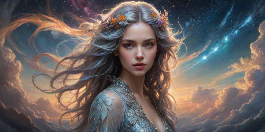 Create a series of imaginative portraits where each subject is infused with elements of fantasy and nature. The hair of the individuals should flow like clouds, varying from soft, fluffy cumulus to wispy cirrus strands, with hints of color reflecting a sunset or a clear blue sky. The eyes should be windows to entire galaxies, with stars, nebulae, and distant planets visible within them. Clothing should be adorned with nature motifs, such as floral patterns that bloom and change, vines that seem to grow and wrap around, or feathers that shimmer with iridescence. Each portrait should capture a unique personality, blending human features with the ethereal beauty of the natural and cosmic world. The backgrounds can vary, from starry night skies to enchanted forests, adding depth and context to the magical realism of the portraits