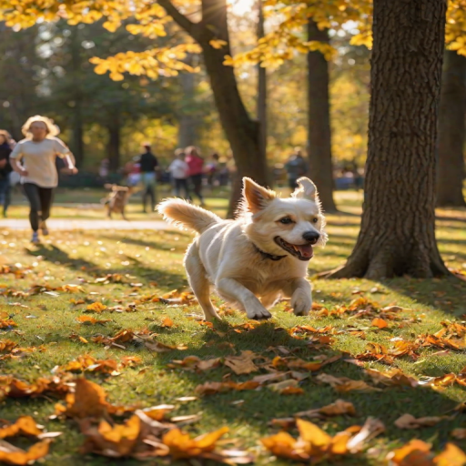 Blurry action shot of a dog chasing a ball through a sunlit park, soft golden light filtering through the trees, with children playing in the background and leaves softly rustling in the breeze.