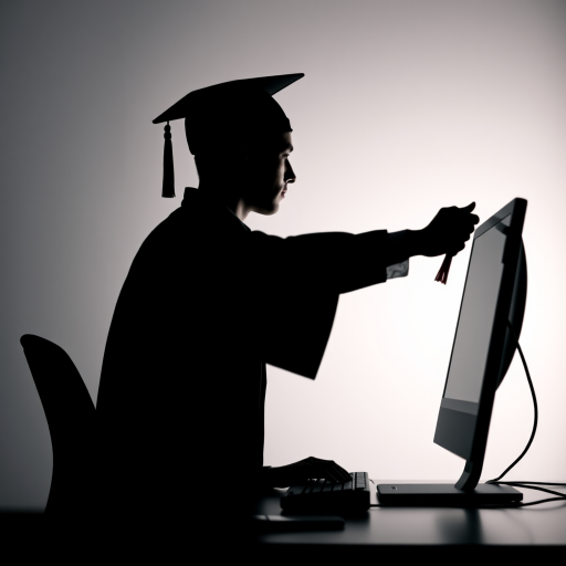 Create an image of a silhouette of a graduate at a computer with a hand extending a diploma from the screen, use a Canon EOS 5D Mark IV, f/2.8 aperture, 50mm lens, soft lighting, high resolution, and a clean, minimalistic background.