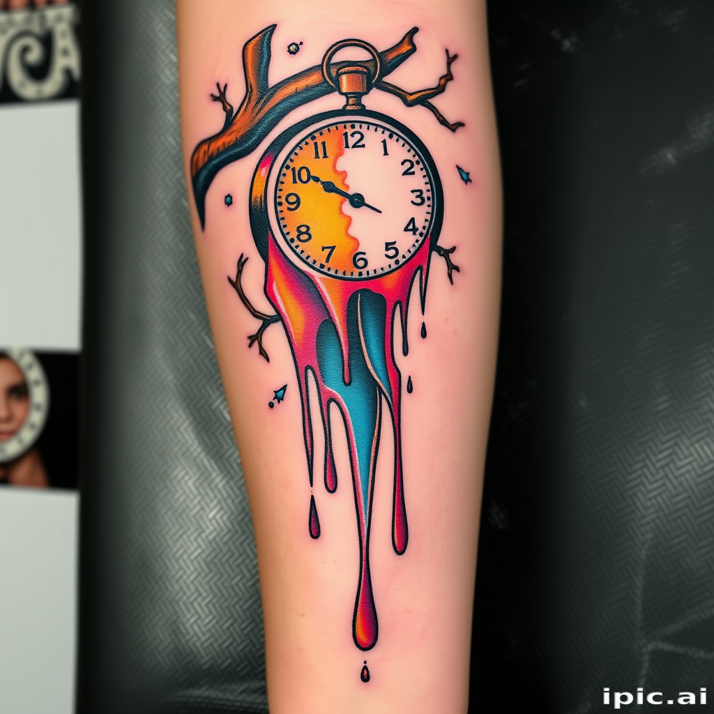 Avant-garde tattoo blending surrealism and abstract elements, depicting a melting clock dripping down a tree branch, with bold color transitions, titled "Time's Fluidity"