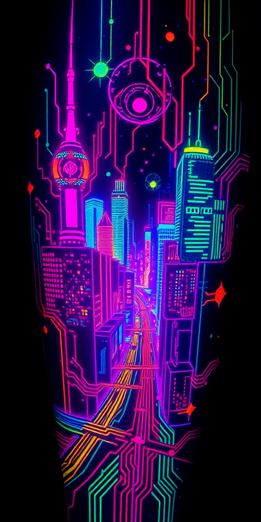 Cyberpunk neon tattoo depicting a futuristic cityscape with glowing circuit board patterns, rendered in vibrant fluorescent inks for a mesmerizing effect under blacklight