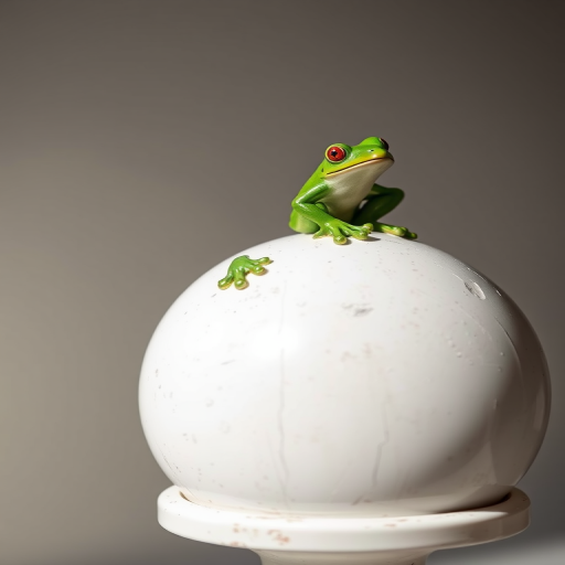 A detailed close-up of a green frog figurine sitting on a weathered white orb, natural light, shallow depth of field, 50mm lens, f/2.8, ISO 100, 1/200s, camera positioned at eye level to emphasize texture and color contrast.