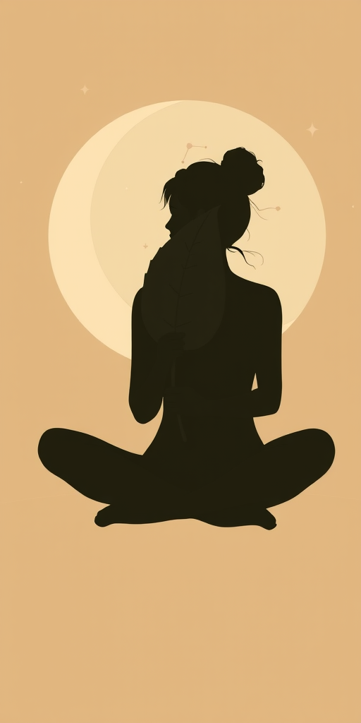 Create a digital illustration of a silhouette of a woman sitting cross-legged holding a large leaf, with a crescent moon and constellation elements in the background, using a soft earth-tone palette; camera settings: ISO 100, aperture f/8, shutter speed 1/60s; camera view: close-up; camera style: minimalist; camera type: digital art.