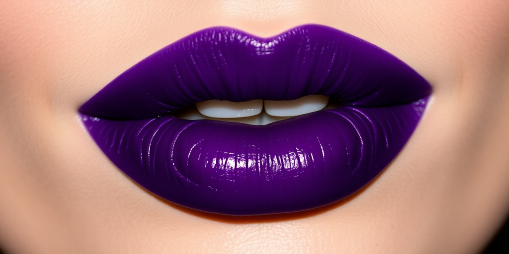 Deep purple lips with a satin finish, showcasing a bold and dramatic look, perfect for making a statement at an avant-garde fashion event